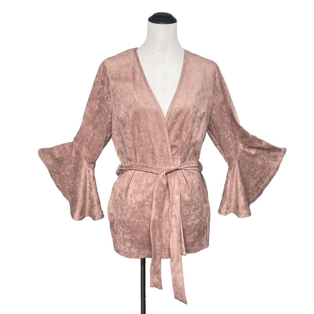 Kut From the Kloth XL Pink Faux Suede Open Tie Waist Cardigan Duster Bell Sleeve
